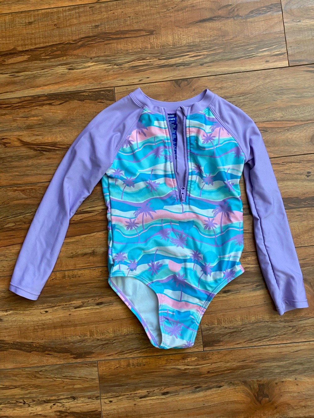 Girls' Long-Sleeve Swim Rashguard One-Piece in Lavender & Teal Palm